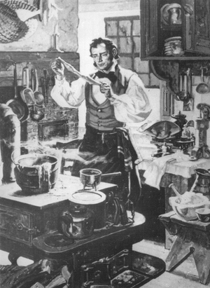 Charles Goodyear, der Erfinder des Gummis, nach einer zeitgenössischen Darstellung in seiner Experimentierwerkstatt